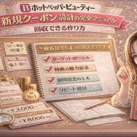 ホットペッパービューティー新規クーポン設計の完全マニュアルをテーマにしたアイキャッチ画像。ゴールドとピンクを基調に、チェックリスト形式の設計ステップ、電卓や価格表、売上計算メモが配置され、右側にマニュアル本を持つ女性が描かれている。