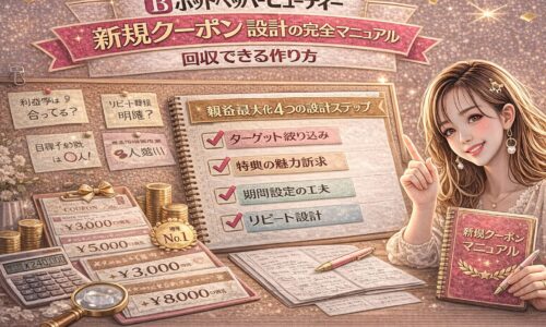 ホットペッパービューティー新規クーポン設計の完全マニュアルをテーマにしたアイキャッチ画像。ゴールドとピンクを基調に、チェックリスト形式の設計ステップ、電卓や価格表、売上計算メモが配置され、右側にマニュアル本を持つ女性が描かれている。