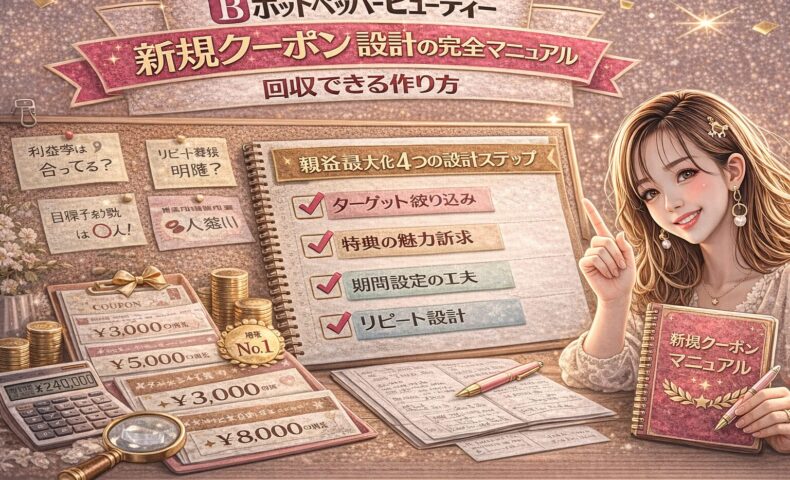 ホットペッパービューティー新規クーポン設計の完全マニュアルをテーマにしたアイキャッチ画像。ゴールドとピンクを基調に、チェックリスト形式の設計ステップ、電卓や価格表、売上計算メモが配置され、右側にマニュアル本を持つ女性が描かれている。