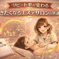 リピート率向上をテーマに、温かみのあるエステ施術シーンとハートや循環矢印で通いたくなる雰囲気を表現したアイキャッチ画像