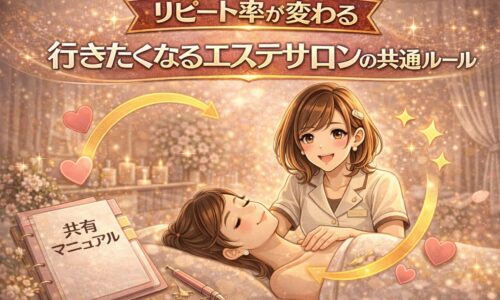 リピート率向上をテーマに、温かみのあるエステ施術シーンとハートや循環矢印で通いたくなる雰囲気を表現したアイキャッチ画像