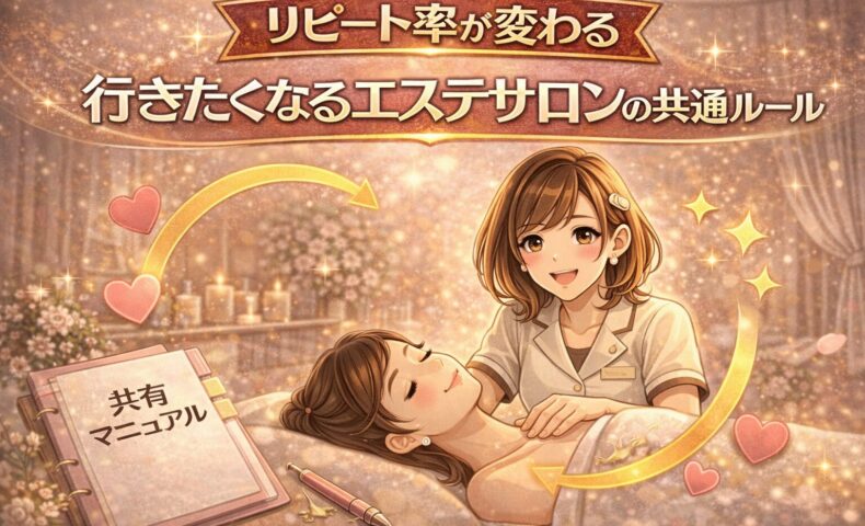 リピート率向上をテーマに、温かみのあるエステ施術シーンとハートや循環矢印で通いたくなる雰囲気を表現したアイキャッチ画像