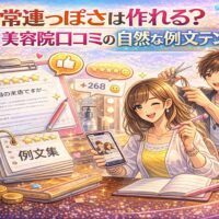 美容院の自然な口コミ例文テンプレをテーマに、スマートフォンの高評価レビューや例文集ノートを手に笑顔の女性と施術中の美容師を描いた華やかなアニメ風アイキャッチ画像