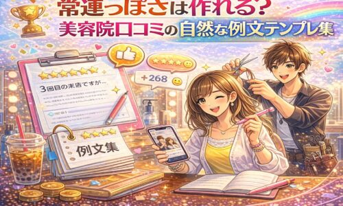 美容院の自然な口コミ例文テンプレをテーマに、スマートフォンの高評価レビューや例文集ノートを手に笑顔の女性と施術中の美容師を描いた華やかなアニメ風アイキャッチ画像