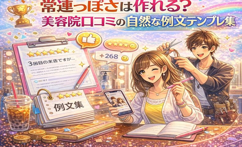 美容院の自然な口コミ例文テンプレをテーマに、スマートフォンの高評価レビューや例文集ノートを手に笑顔の女性と施術中の美容師を描いた華やかなアニメ風アイキャッチ画像