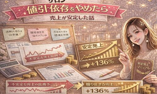 サロンの値引き依存をやめて売上が安定したことをテーマにしたアイキャッチ画像。ゴールドとピンクを基調に、右肩上がりの売上グラフ「安定売上+136%」、不安定な売上推移との比較図、電卓や資料、コインが配置され、右側に「安定売上マニュアル」を持つ女性が描かれている。