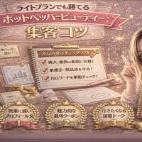 ライトプランでも成果を出すホットペッパービューティー集客コツをテーマにしたアイキャッチ画像。ゴールドとピンクを基調に、「ライトプランでも勝てる」と大きく表示され、チェックリストやキーワードメモ、電卓、売上資料が配置され、右側にガイドブックを持つ女性が描かれている。