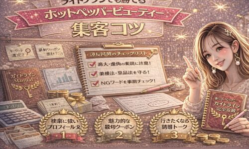 ライトプランでも成果を出すホットペッパービューティー集客コツをテーマにしたアイキャッチ画像。ゴールドとピンクを基調に、「ライトプランでも勝てる」と大きく表示され、チェックリストやキーワードメモ、電卓、売上資料が配置され、右側にガイドブックを持つ女性が描かれている。