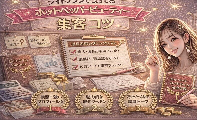 ライトプランでも成果を出すホットペッパービューティー集客コツをテーマにしたアイキャッチ画像。ゴールドとピンクを基調に、「ライトプランでも勝てる」と大きく表示され、チェックリストやキーワードメモ、電卓、売上資料が配置され、右側にガイドブックを持つ女性が描かれている。