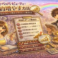 ホットペッパービューティーで値引きなしに予約を増やす方法をテーマにしたアイキャッチ画像。チェックリスト付きの「裏設計ボード」と上昇グラフ、コインや虫眼鏡が描かれ、悩む女性オーナーと戦略を示す男性が対比されている。