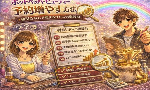 ホットペッパービューティーで値引きなしに予約を増やす方法をテーマにしたアイキャッチ画像。チェックリスト付きの「裏設計ボード」と上昇グラフ、コインや虫眼鏡が描かれ、悩む女性オーナーと戦略を示す男性が対比されている。