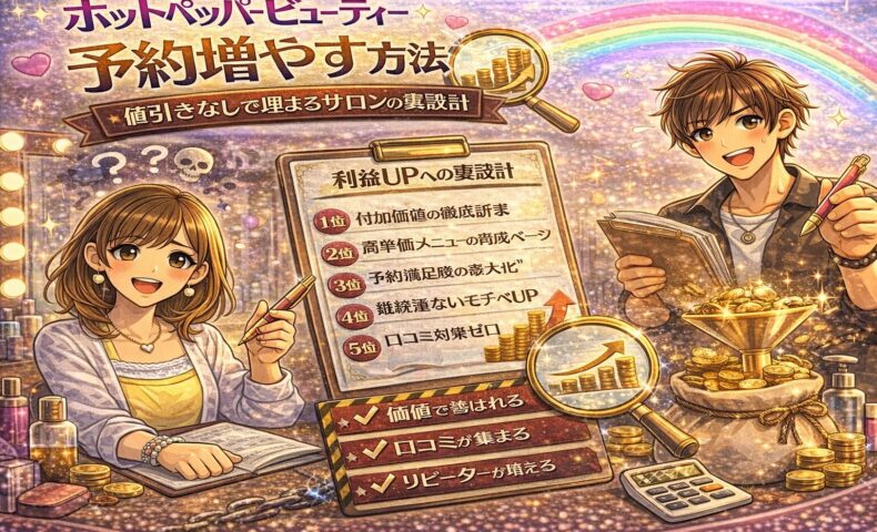 ホットペッパービューティーで値引きなしに予約を増やす方法をテーマにしたアイキャッチ画像。チェックリスト付きの「裏設計ボード」と上昇グラフ、コインや虫眼鏡が描かれ、悩む女性オーナーと戦略を示す男性が対比されている。