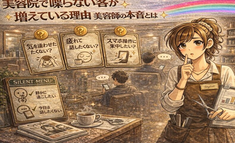 美容院で喋らない客が増えている理由をテーマに、静かにスマホを見る客と本音を考える美容師、サイレントメニュー表示を描いたアンティーク調アニメ風アイキャッチ画像