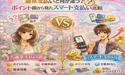 通常支払いとスマート支払いのポイント差を比較したカラフルな美容室イメージ
