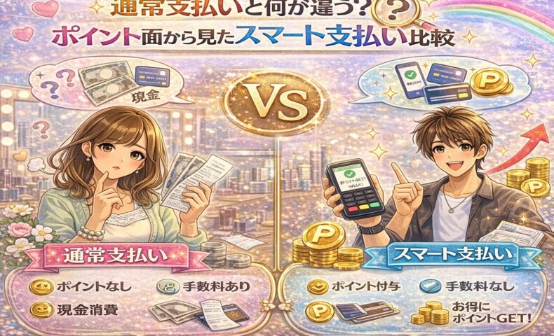 通常支払いとスマート支払いのポイント差を比較したカラフルな美容室イメージ