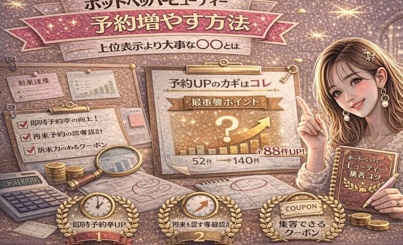 ホットペッパービューティーで予約を増やす方法をテーマにしたアイキャッチ画像。ゴールドとピンクを基調に、「予約増やす方法」「上位表示より大事な◯◯とは」と大きく表示され、予約数が52件から140件へ増加したグラフ、チェックリスト、電卓や資料が配置され、右側に集客ガイドを持つ女性が描かれている。