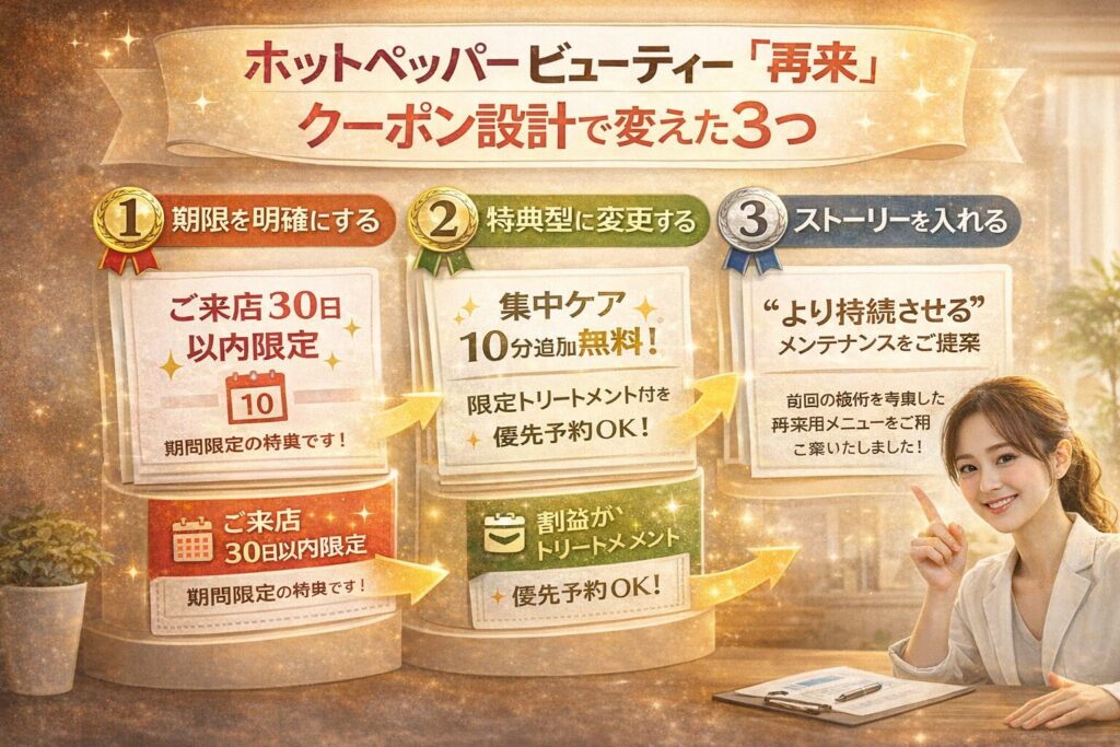ホットペッパービューティー再来クーポン設計で変えた3つのポイントを示す横型画像。期限設定・特典型変更・ストーリー追加による改善を視覚的に表現。