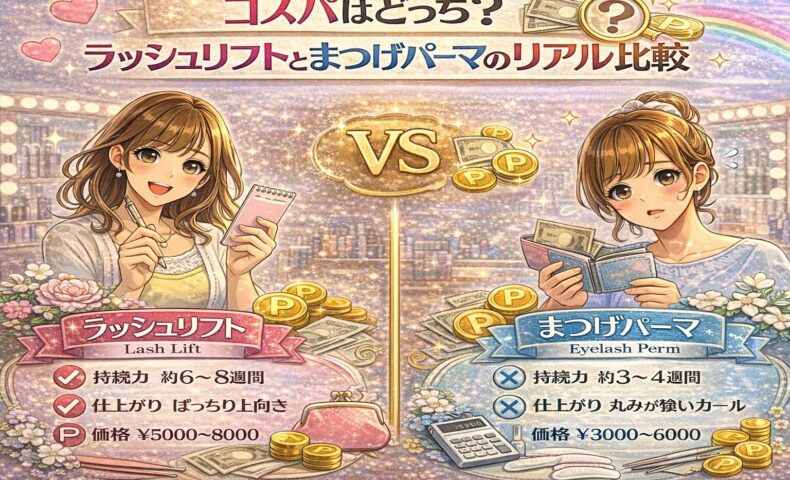 ラッシュリフトとまつげパーマのコスパを比較した華やかな美容イメージ