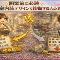 美容室内装デザインの成功と失敗の違いを、理想的なサロン空間と後悔する荒れたサロンを対比で描いたアニメ風アイキャッチ画像