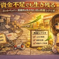 資金不足に悩むサロンオーナーと、再建への道筋を示す上昇グラフやチェックリストが描かれたホットペッパー再建シナリオのアイキャッチ画像