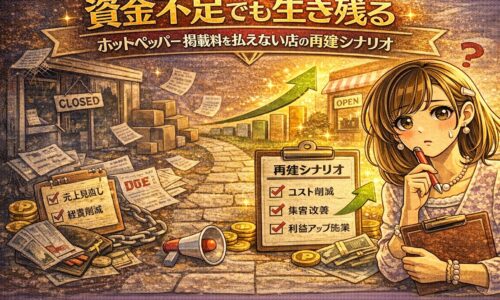資金不足に悩むサロンオーナーと、再建への道筋を示す上昇グラフやチェックリストが描かれたホットペッパー再建シナリオのアイキャッチ画像