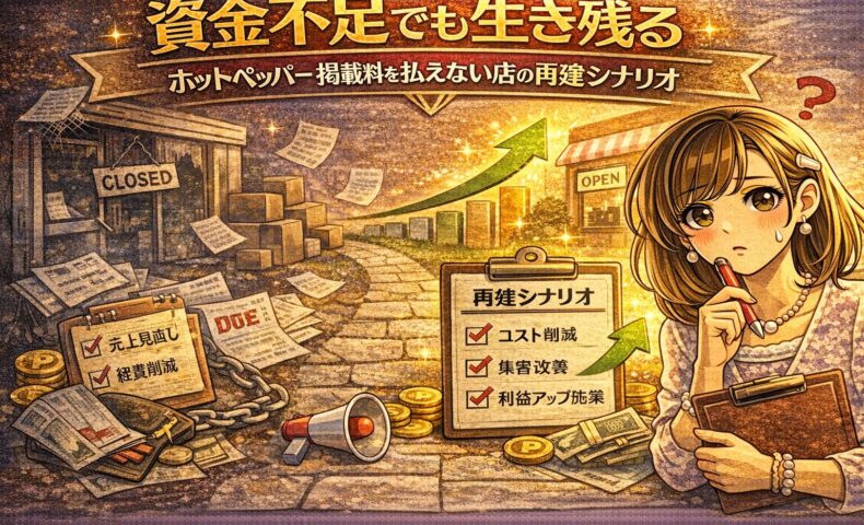 資金不足に悩むサロンオーナーと、再建への道筋を示す上昇グラフやチェックリストが描かれたホットペッパー再建シナリオのアイキャッチ画像