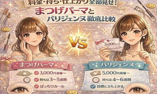 まつげパーマとパリジェンヌの料金・持ち・仕上がりを比較した美容イメージ