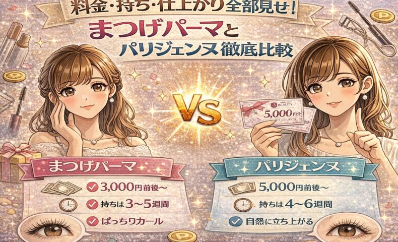 まつげパーマとパリジェンヌの料金・持ち・仕上がりを比較した美容イメージ