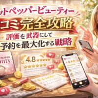 ホットペッパービューティーの口コミ戦略をテーマに、4.8の高評価レビュー画面や星評価、いいねアイコン、コイン演出とともに、スマホを持つ女性が微笑む華やかなアイキャッチ画像。