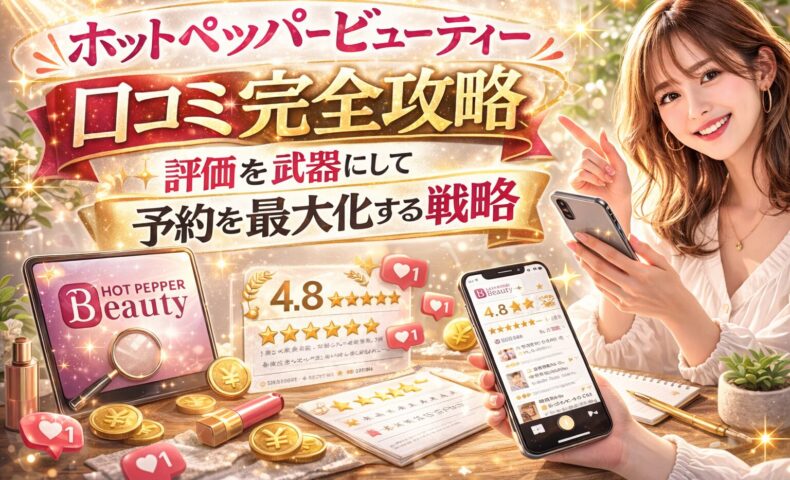 ホットペッパービューティーの口コミ戦略をテーマに、4.8の高評価レビュー画面や星評価、いいねアイコン、コイン演出とともに、スマホを持つ女性が微笑む華やかなアイキャッチ画像。