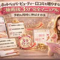ホットペッパービューティーの口コミを増やし予約も伸ばす方法を解説するアイキャッチ画像。スマホに表示された高評価レビュー、4.8の星評価、チェックリスト「施術後のお願いトーク」「お客様参加型の特典」「ポイントで再来アプローチ」、3分クチコミチャンスの時計アイコン、口コミUPとリピート増加を示すグラフが描かれている。