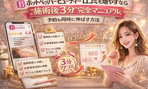 ホットペッパービューティーの口コミを増やし予約も伸ばす方法を解説するアイキャッチ画像。スマホに表示された高評価レビュー、4.8の星評価、チェックリスト「施術後のお願いトーク」「お客様参加型の特典」「ポイントで再来アプローチ」、3分クチコミチャンスの時計アイコン、口コミUPとリピート増加を示すグラフが描かれている。