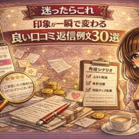 良い口コミ返信例文30選をテーマに、スマートフォンの高評価レビューと返信メモを持つ女性が描かれたアイキャッチ画像