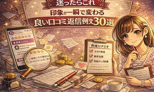 良い口コミ返信例文30選をテーマに、スマートフォンの高評価レビューと返信メモを持つ女性が描かれたアイキャッチ画像