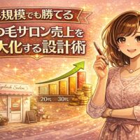 小規模まつ毛サロンの売上最大化をテーマに、女性オーナーと上昇グラフ・コインが描かれた成功イメージのアイキャッチ画像