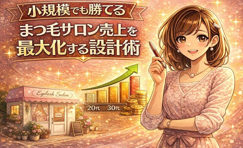 小規模まつ毛サロンの売上最大化をテーマに、女性オーナーと上昇グラフ・コインが描かれた成功イメージのアイキャッチ画像