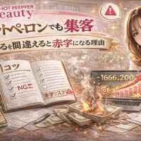 ライトプランでも成果を出すホットペッパービューティー集客コツをテーマにしたアイキャッチ画像。ゴールドとピンクを基調に、「ライトプランでも勝てる」と大きく表示され、チェックリストやキーワードメモ、電卓、売上資料が配置され、右側にガイドブックを持つ女性が描かれている。