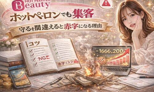 ライトプランでも成果を出すホットペッパービューティー集客コツをテーマにしたアイキャッチ画像。ゴールドとピンクを基調に、「ライトプランでも勝てる」と大きく表示され、チェックリストやキーワードメモ、電卓、売上資料が配置され、右側にガイドブックを持つ女性が描かれている。