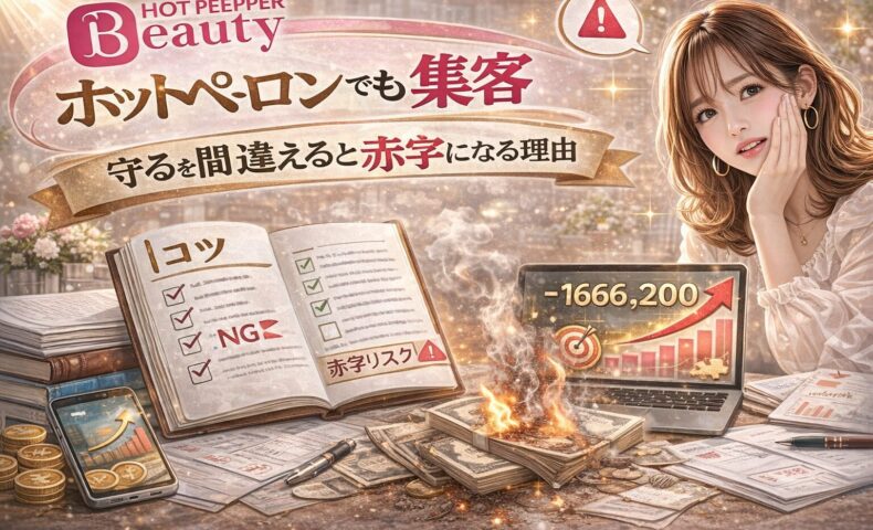 ライトプランでも成果を出すホットペッパービューティー集客コツをテーマにしたアイキャッチ画像。ゴールドとピンクを基調に、「ライトプランでも勝てる」と大きく表示され、チェックリストやキーワードメモ、電卓、売上資料が配置され、右側にガイドブックを持つ女性が描かれている。