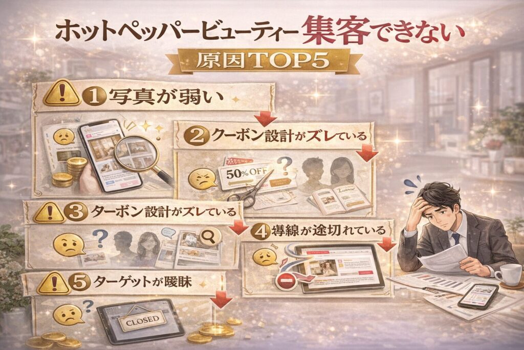 ホットペッパービューティーで集客できない原因TOP5を解説した横型インフォグラフィック画像。写真が弱い、クーポン設計のズレ、ターゲット曖昧、導線不足、更新停止を視覚的に表現している。