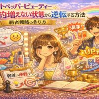 ホットペッパービューティーで予約が増えない女性オーナーと、弱者戦略で逆転し満席を達成する様子を描いたアイキャッチ画像。虹色の背景に「UP」「満席」「WIN」の文字、上昇グラフやトロフィー、チェックリストが配置されている。