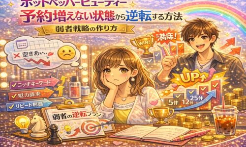 ホットペッパービューティーで予約が増えない女性オーナーと、弱者戦略で逆転し満席を達成する様子を描いたアイキャッチ画像。虹色の背景に「UP」「満席」「WIN」の文字、上昇グラフやトロフィー、チェックリストが配置されている。