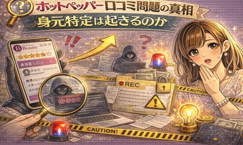 ホットペッパー口コミ問題と身元特定リスクを表現した警告イメージのアイキャッチ画像