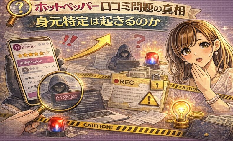 ホットペッパー口コミ問題と身元特定リスクを表現した警告イメージのアイキャッチ画像