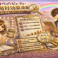 ホットペッパービューティーの費用対効果改善をテーマにしたアイキャッチ画像。広告費を利益に変える3ステップがボードにまとめられ、ROI500％の表示や上昇グラフ、電卓とコインが描かれている。前向きな男女オーナーが戦略を示している。