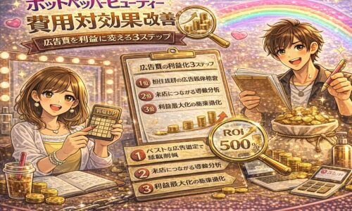 ホットペッパービューティーの費用対効果改善をテーマにしたアイキャッチ画像。広告費を利益に変える3ステップがボードにまとめられ、ROI500%の表示や上昇グラフ、電卓とコインが描かれている。前向きな男女オーナーが戦略を示している。