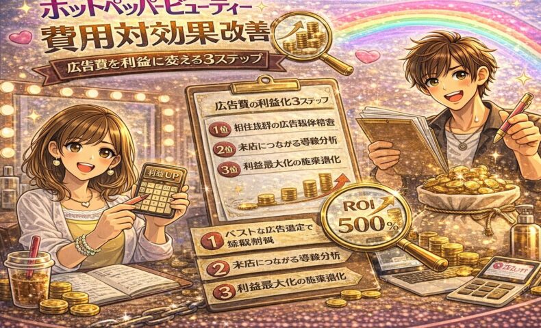 ホットペッパービューティーの費用対効果改善をテーマにしたアイキャッチ画像。広告費を利益に変える3ステップがボードにまとめられ、ROI500％の表示や上昇グラフ、電卓とコインが描かれている。前向きな男女オーナーが戦略を示している。