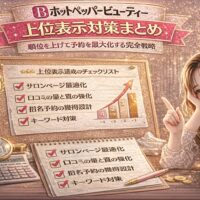 ホットペッパービューティー上位表示対策をテーマにしたアイキャッチ画像。金とピンクを基調に、地域1位メダル、上位表示達成チェックリスト、順位上昇グラフ、電卓や虫眼鏡が配置され、右側には上位表示対策完全ガイドを持つ女性が描かれている。