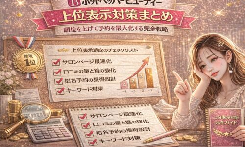 ホットペッパービューティー上位表示対策をテーマにしたアイキャッチ画像。金とピンクを基調に、地域1位メダル、上位表示達成チェックリスト、順位上昇グラフ、電卓や虫眼鏡が配置され、右側には上位表示対策完全ガイドを持つ女性が描かれている。