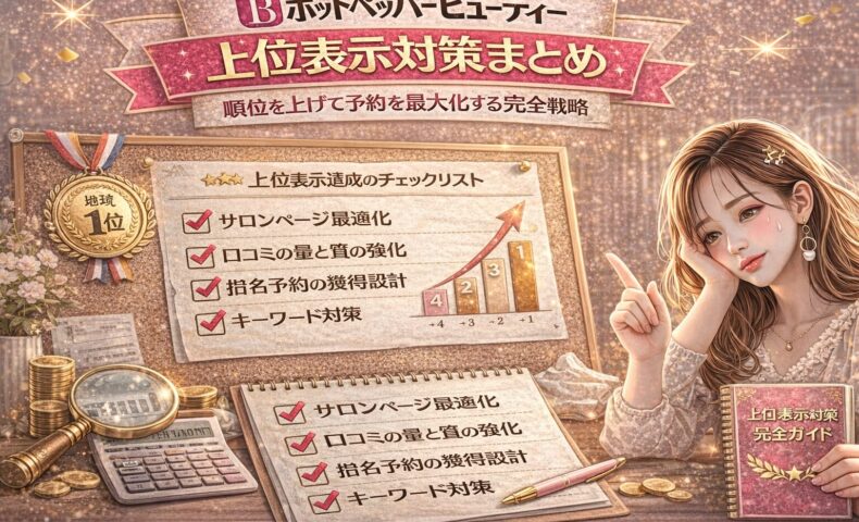 ホットペッパービューティー上位表示対策をテーマにしたアイキャッチ画像。金とピンクを基調に、地域1位メダル、上位表示達成チェックリスト、順位上昇グラフ、電卓や虫眼鏡が配置され、右側には上位表示対策完全ガイドを持つ女性が描かれている。
